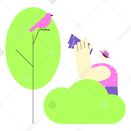 Man sitting in bush and watching a bird on tree with binoculars Illustration in PNG, SVG