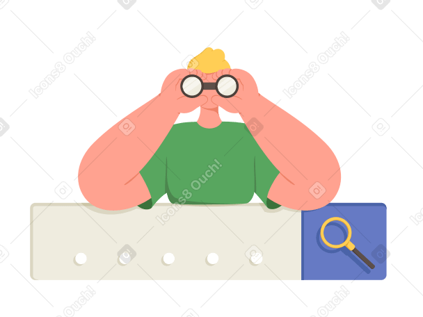 Ilustração animada de Homem com binóculos acima da barra de pesquisa em GIF, Lottie (JSON), AE