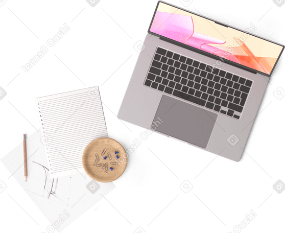 3D Vista superior de la computadora portátil, dos hojas de papel, una taza de té, lápiz y alfileres PNG, SVG