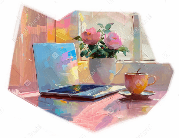带有笔记本电脑和咖啡杯的油画 PNG, SVG