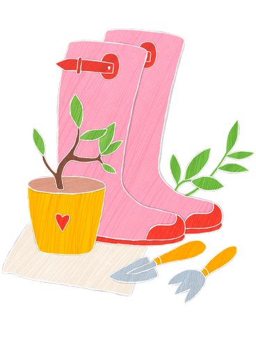 Pink rubber boots and gardening tools PNG, SVG