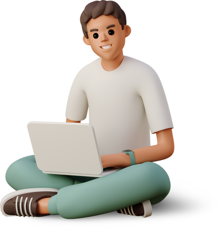 3D boy with laptop sitting on floor PNG, SVG