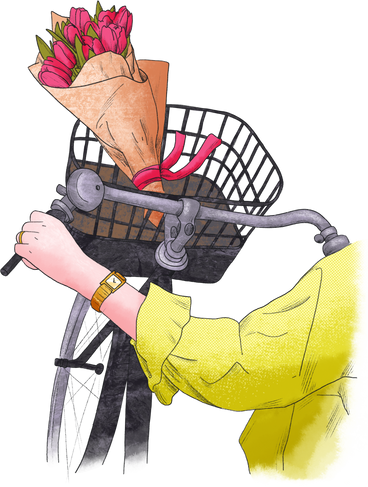 Рука с деталью велосипеда и букетом цветов в PNG, SVG