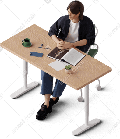 3D Vista isométrica de jovem sentada à mesa PNG, SVG