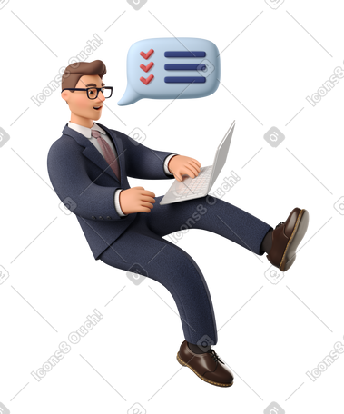 3D 带笔记本电脑的商人完成了所有任务 PNG, SVG