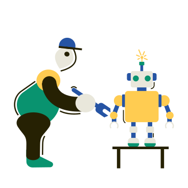 Repairman fixing a robot with wrench PNG, SVG