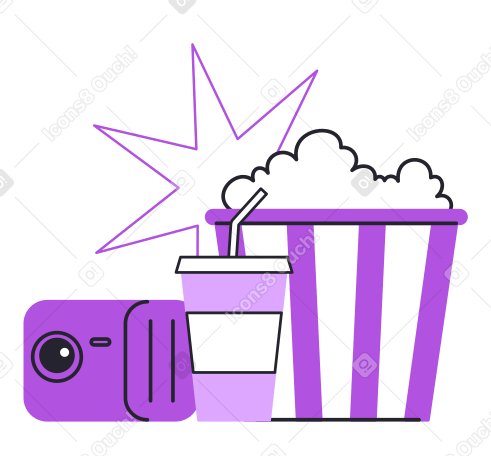 Popcorn with soda pop and projector Illustration in PNG, SVG