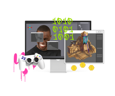 Game development and design on computer screen PNG, SVG