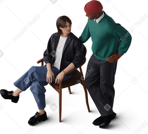 3D isometric view of man leaning on chair and talking to young woman PNG, SVG