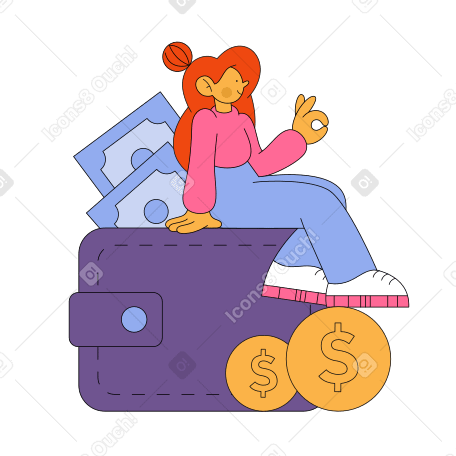 Девушка сидит на кошельке с деньгами в PNG, SVG