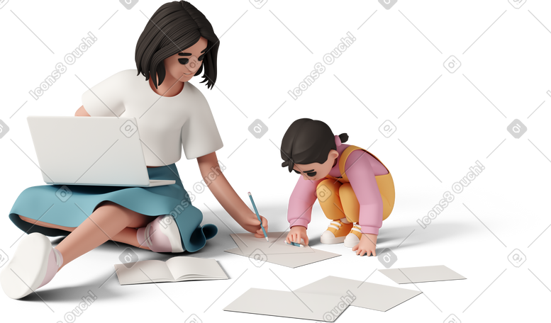 3D business mom working at laptop while her daughter drawing on her document PNG, SVG