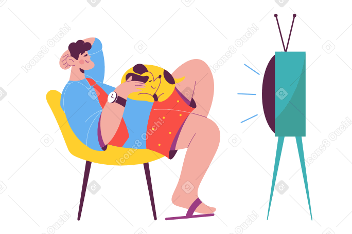 Man relaxing with dog and watching tv PNG, SVG