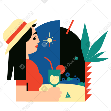 Женщина в тропическом отпуске потягивает коктейль в PNG, SVG