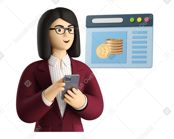 3D Businesswoman reading an online article about bitcoin PNG, SVG
