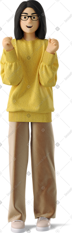 3D smiling woman raised her fists PNG, SVG