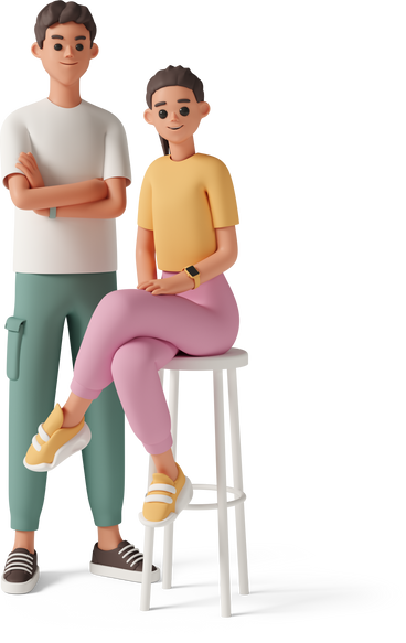 young woman sitting on bar stool near young man standing with arms crossed PNG, SVG