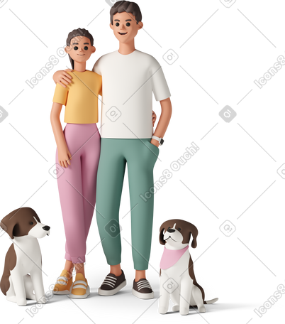 3D 带着宠物狗的年轻夫妇 PNG, SVG