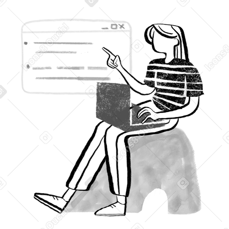 Mujer en blanco y negro con programación de cabello largo en una computadora portátil PNG, SVG