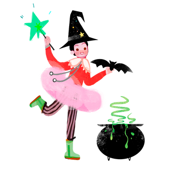 Girl in halloween witch clothes with bat and cauldron PNG, SVG