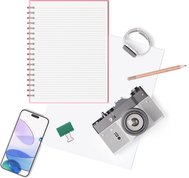 Top view of notebook, smartphone, camera, glasses and smartwatch PNG, SVG