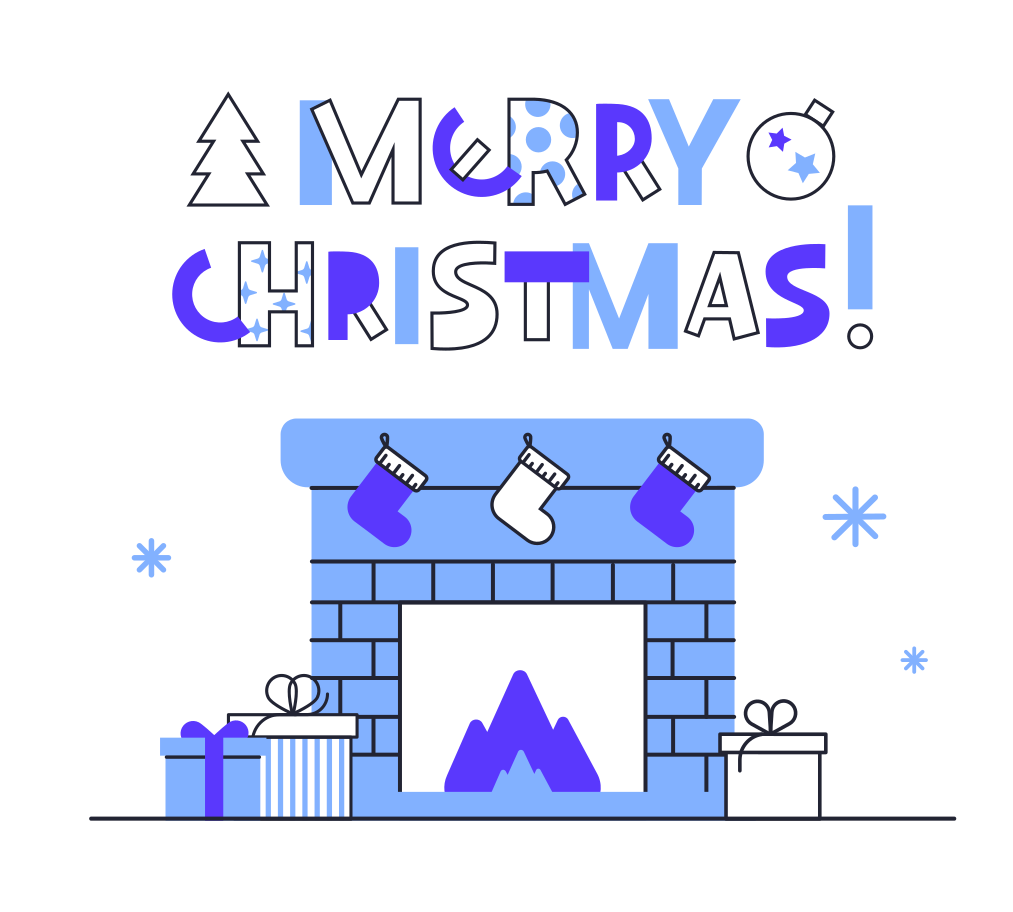 Merry Christmas text over the fireplace with presents and Christmas stockings Illustration in PNG, SVG