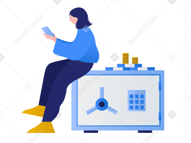 Woman sitting on the safe with phone Illustration in PNG, SVG