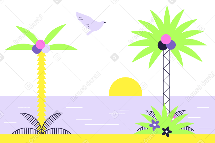 I gabbiani sorvolano la spiaggia del mare e le palme al tramonto PNG, SVG