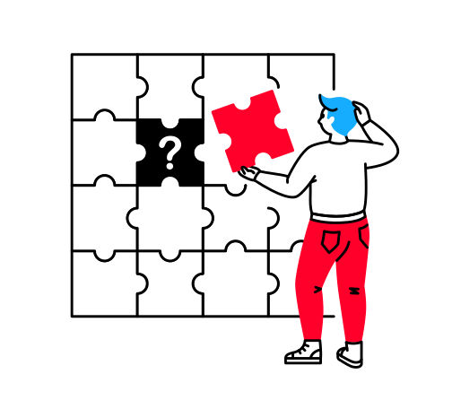 The man holds up the last piece of the puzzle and scratches his head thoughtfully Illustration in PNG, SVG