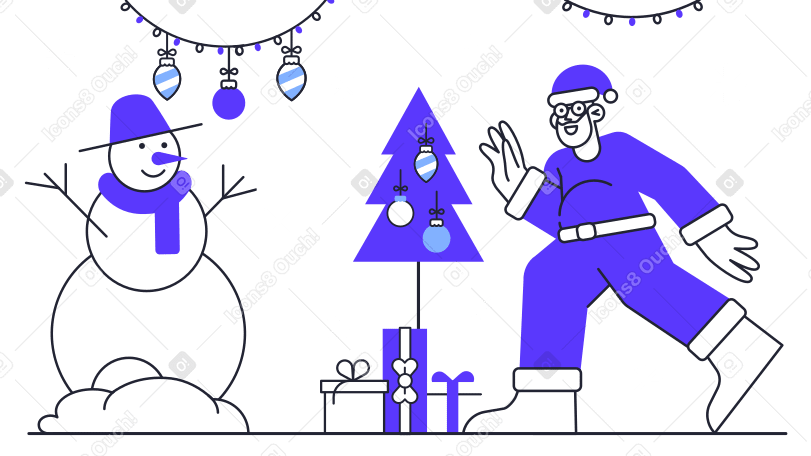 圣诞老人和雪人在圣诞树附近 PNG, SVG