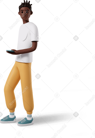 3D side view of young man standing with phone in hand PNG, SVG
