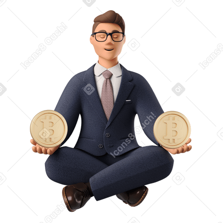 3D Businessman meditating with bitcoins in hands PNG, SVG