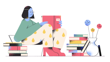 woman sitting on pile of books and reading PNG, SVG