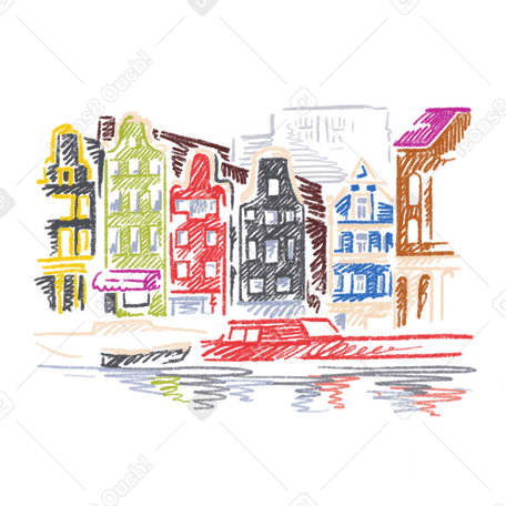 Amsterdam, casas del canal y barco. PNG, SVG