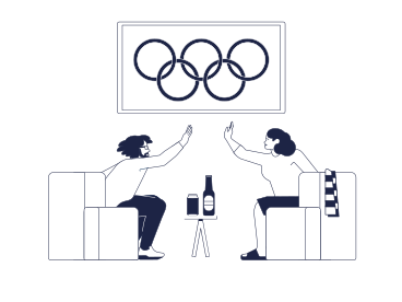 Man and woman high-five each other, watch the Olympic Games on TV, beer and cola on the table PNG, SVG