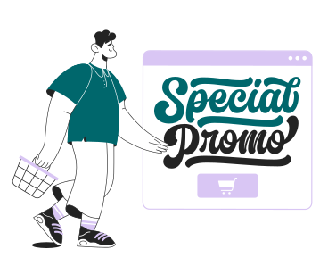 Mann mit warenkorb und schriftzug „special promo“ im browser-bildschirmtext PNG, SVG