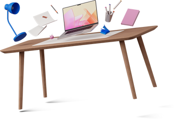 Levitating office desk with laptop and documents PNG, SVG