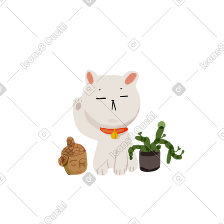 White Maneki-neko with figurine and houseplant PNG, SVG