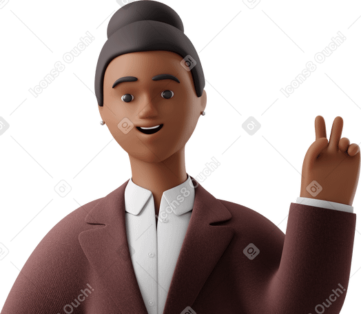 3D close up of black businesswoman in brown suit with peace sign hand Illustration in PNG, SVG