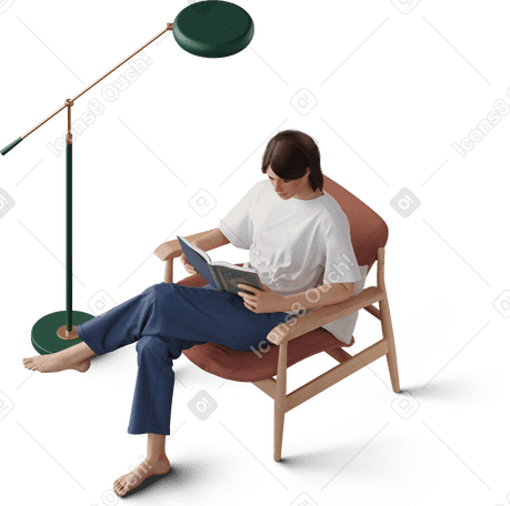 3D Visão isométrica de uma jovem sentada no sofá e lendo um livro PNG, SVG