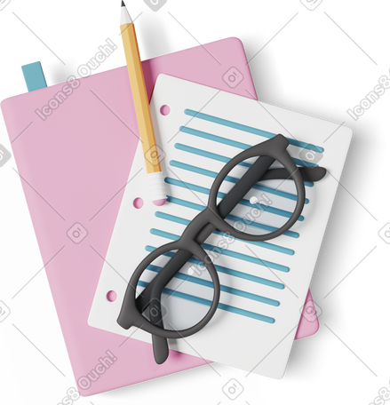 3D notebook with glasses and pencil PNG, SVG