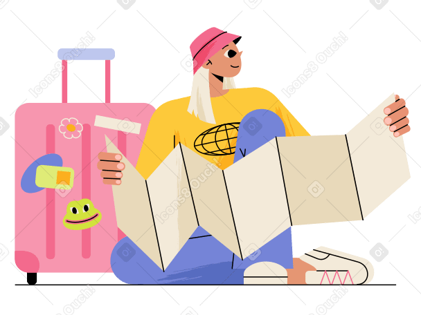 Traveller woman with map and suitcase Illustration in PNG, SVG