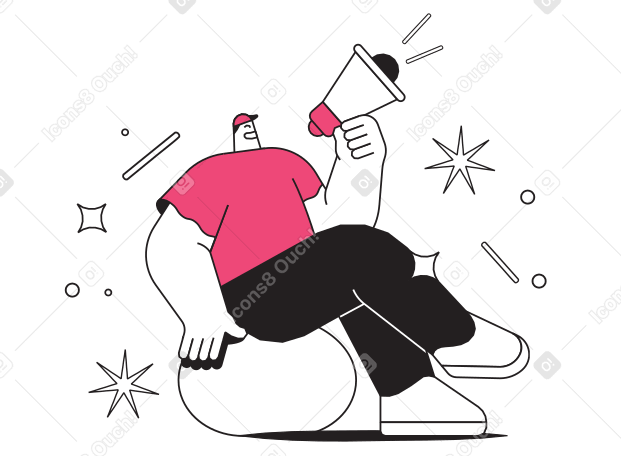 Ilustração animada de Promotor de homem sentado na bola de exercício e gritando no megafone em GIF, Lottie (JSON), AE
