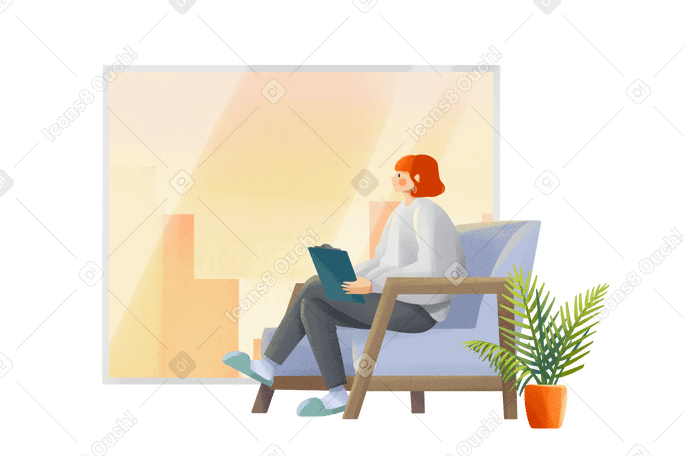 Young woman psychologist sitting in violet armchair PNG, SVG