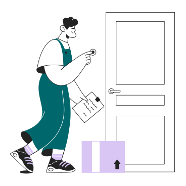 El repartidor con un paquete toca el timbre PNG, SVG