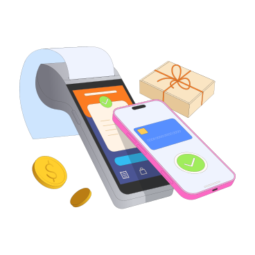 Contactless payments with smartphone and POS terminal animated illustration in GIF, Lottie (JSON), AE