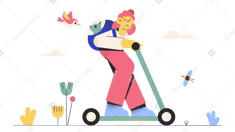 Woman riding scooter with cat in backpack PNG, SVG