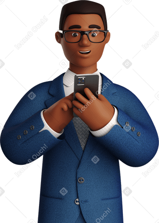 3D black businessman in blue suit looking at phone PNG, SVG