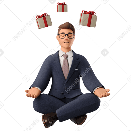 3D Businessman in lotus pose dreaming about gift PNG, SVG