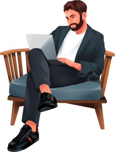 man works on his laptop while sitting in a chair PNG, SVG