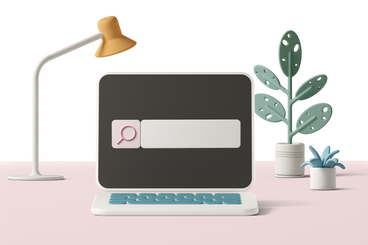 laptop screen showing search bar with desk lamp and plants in the back PNG, SVG